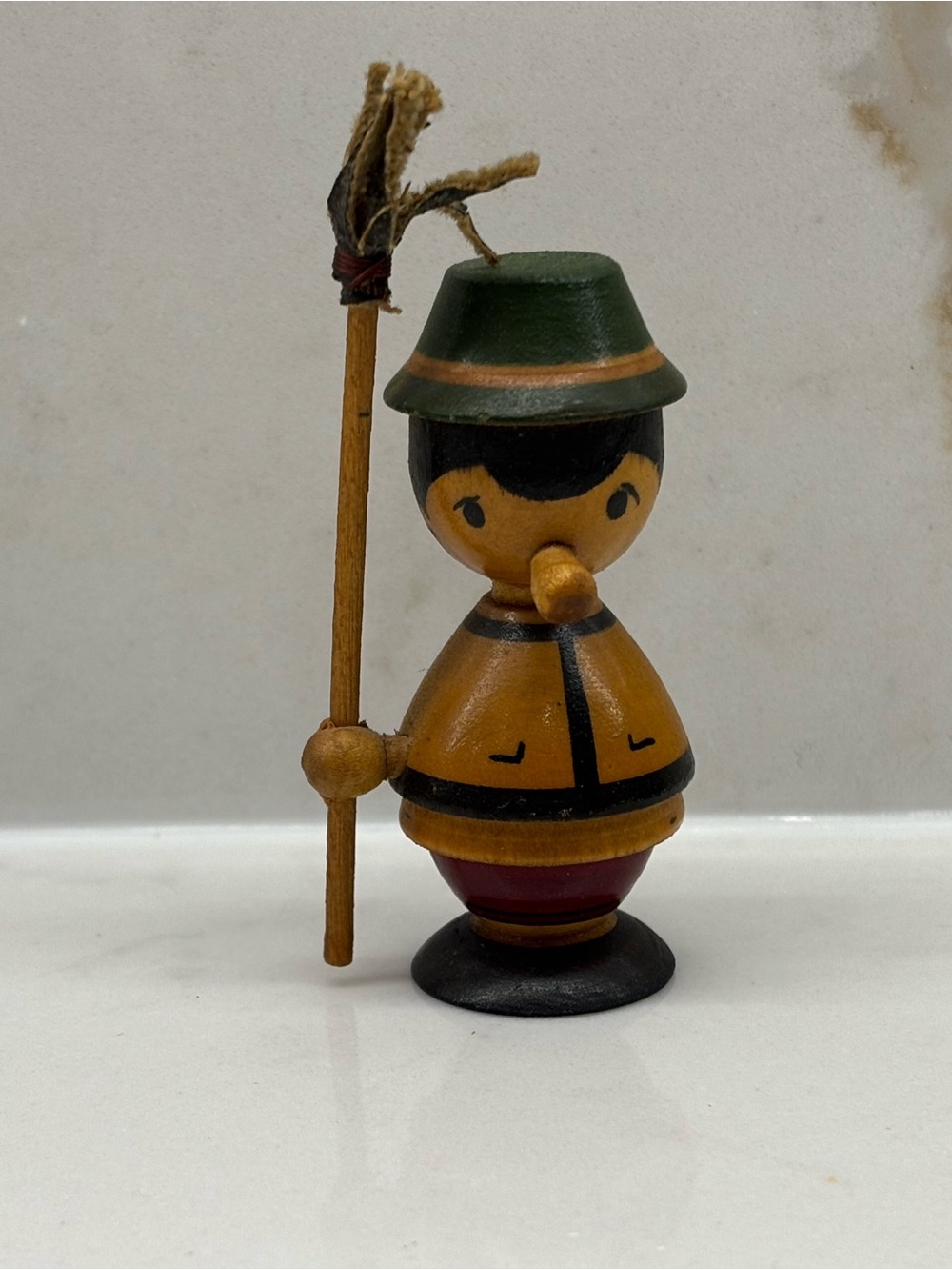 Vintage Wooden Chimney Sweep Figurine with Broom Hand Painted Folk Art